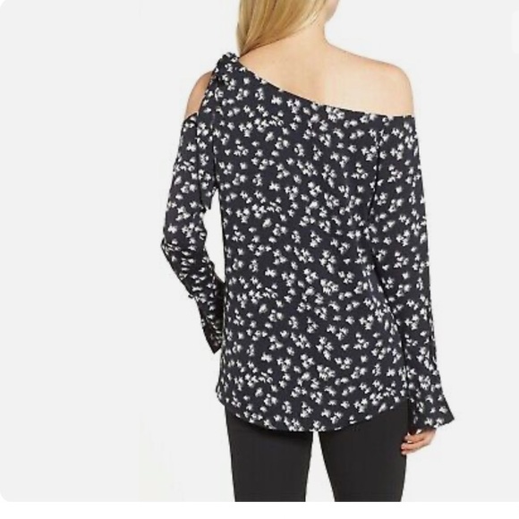 LEWIT one / cold shoulder bow detail long sleeve blouse stretch silk black wht S - Picture 2 of 16